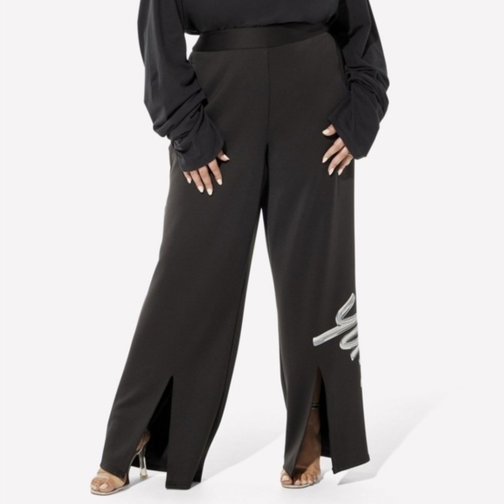 Yitty Signature BHM Front Slit Pants Black High Rise Back Zip Wide Leg Stretch